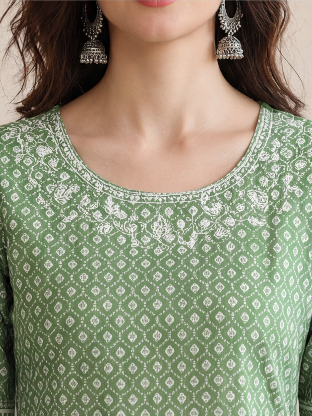 Women Green Printed Anarkali with Embroidered Yoke