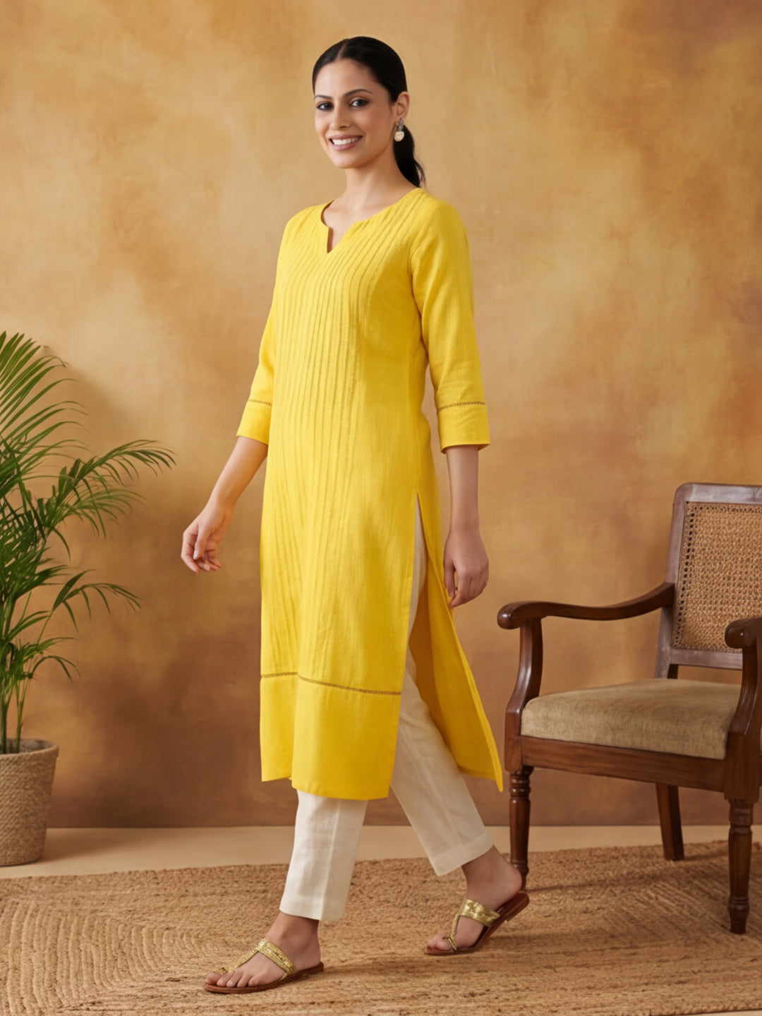 Woven Design Embroidered Straight Pure Cotton Kurta