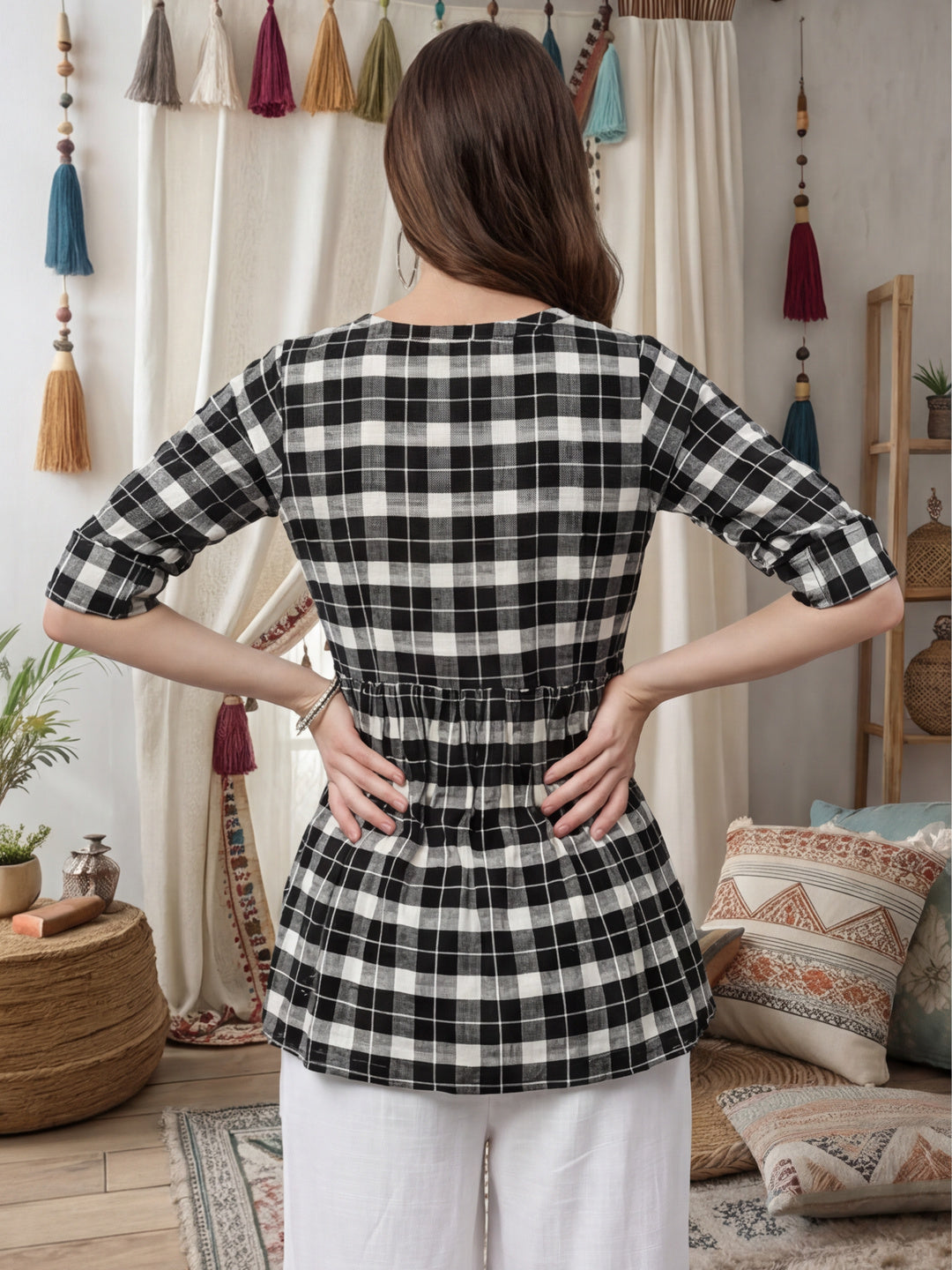 Checked Cotton Shirt With Gathered Detail