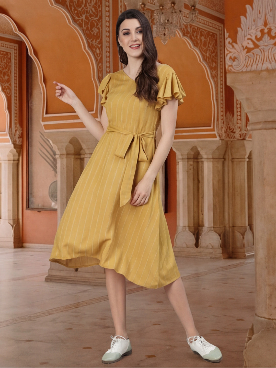 yellow dress brown belt Self Weave Rayon Flared With | Ethnic Dresses For Women KR11172023 women's dress KILLSTAR x Color:Rusty Orange high slit