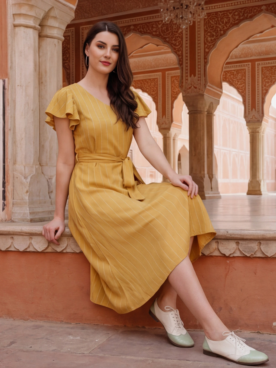 Yellow Self Weave Rayon Flared Dress With Belt
