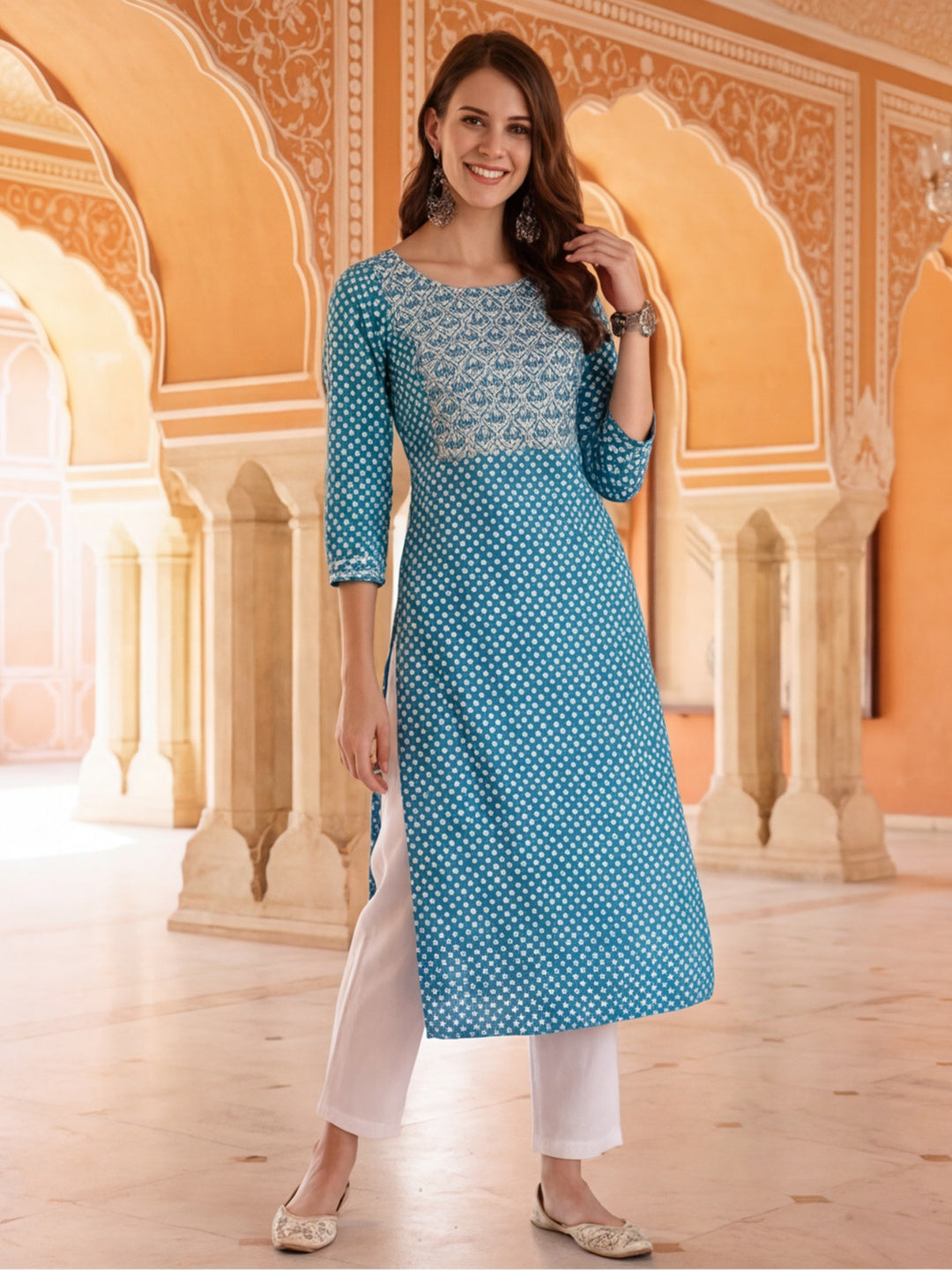 Turquoise blue ethnic printed straight kurta with embroidered yoke