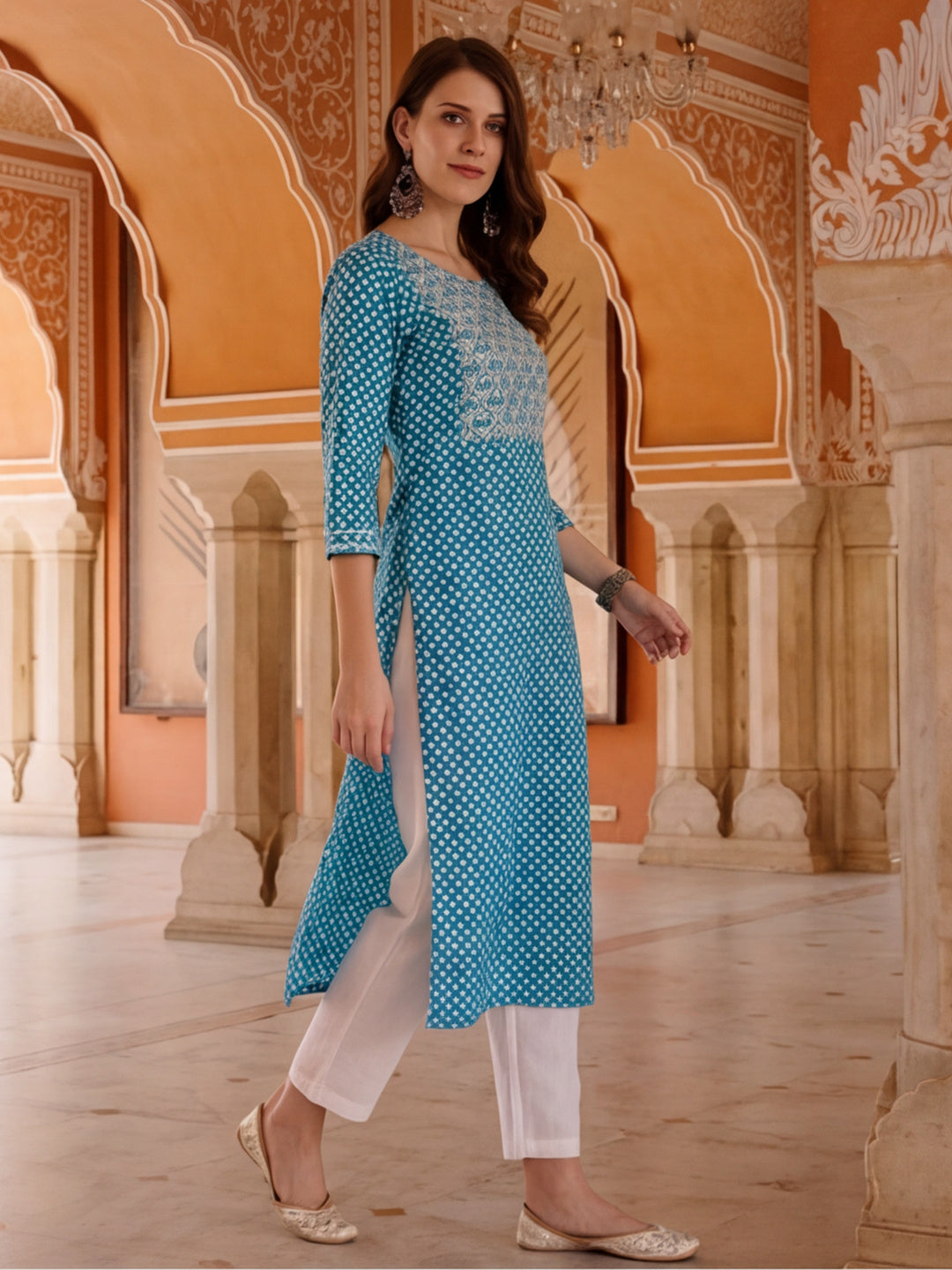 Turquoise blue ethnic printed straight kurta with embroidered yoke