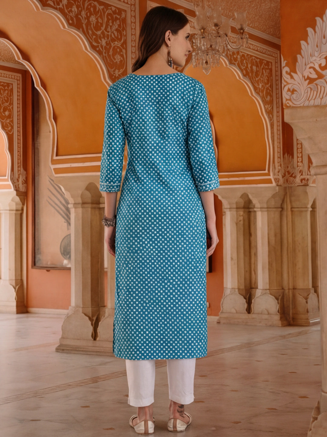Turquoise blue ethnic printed straight kurta with embroidered yoke