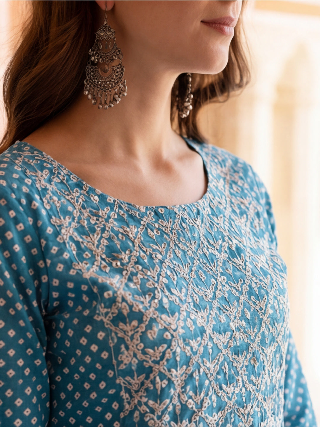 Turquoise blue ethnic printed straight kurta with embroidered yoke