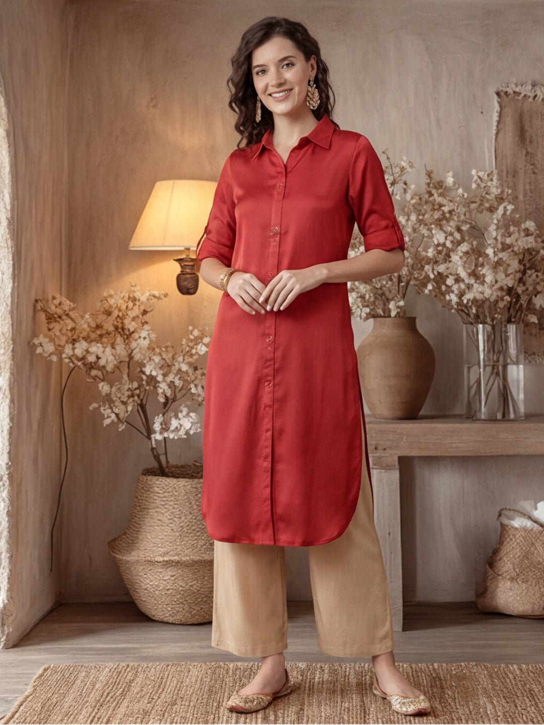 A Red Silk Fabric Embellished Shirt With Roll-Up Elbow Sleeves