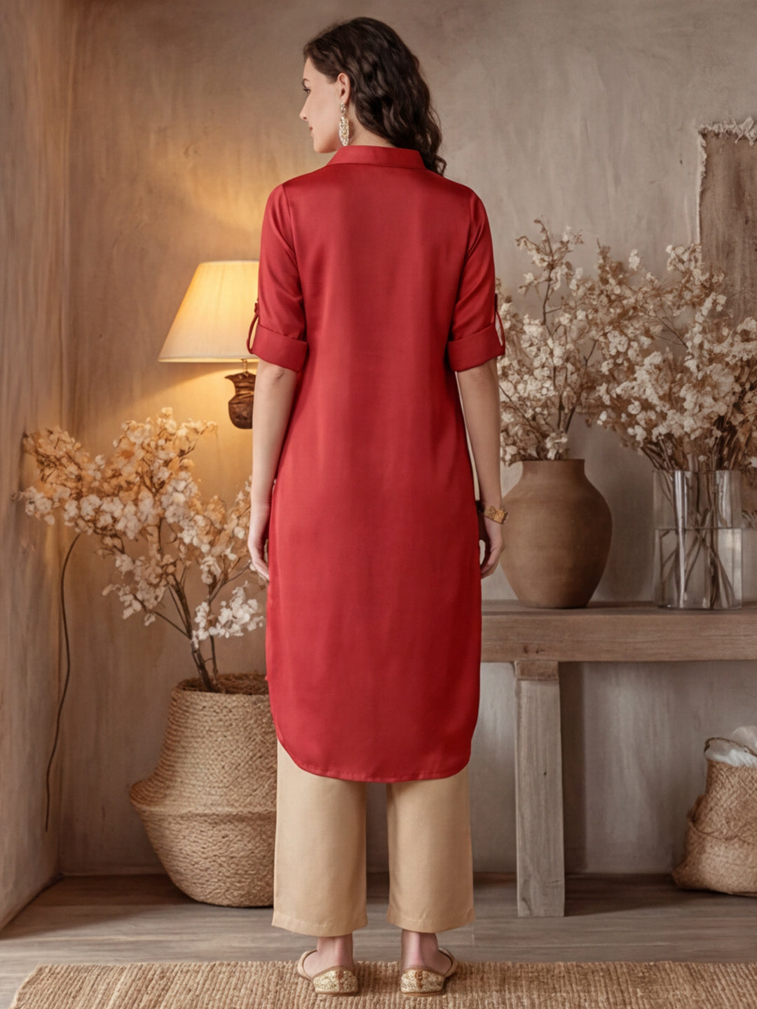 A Red Silk Fabric Embellished Shirt With Roll-Up Elbow Sleeves