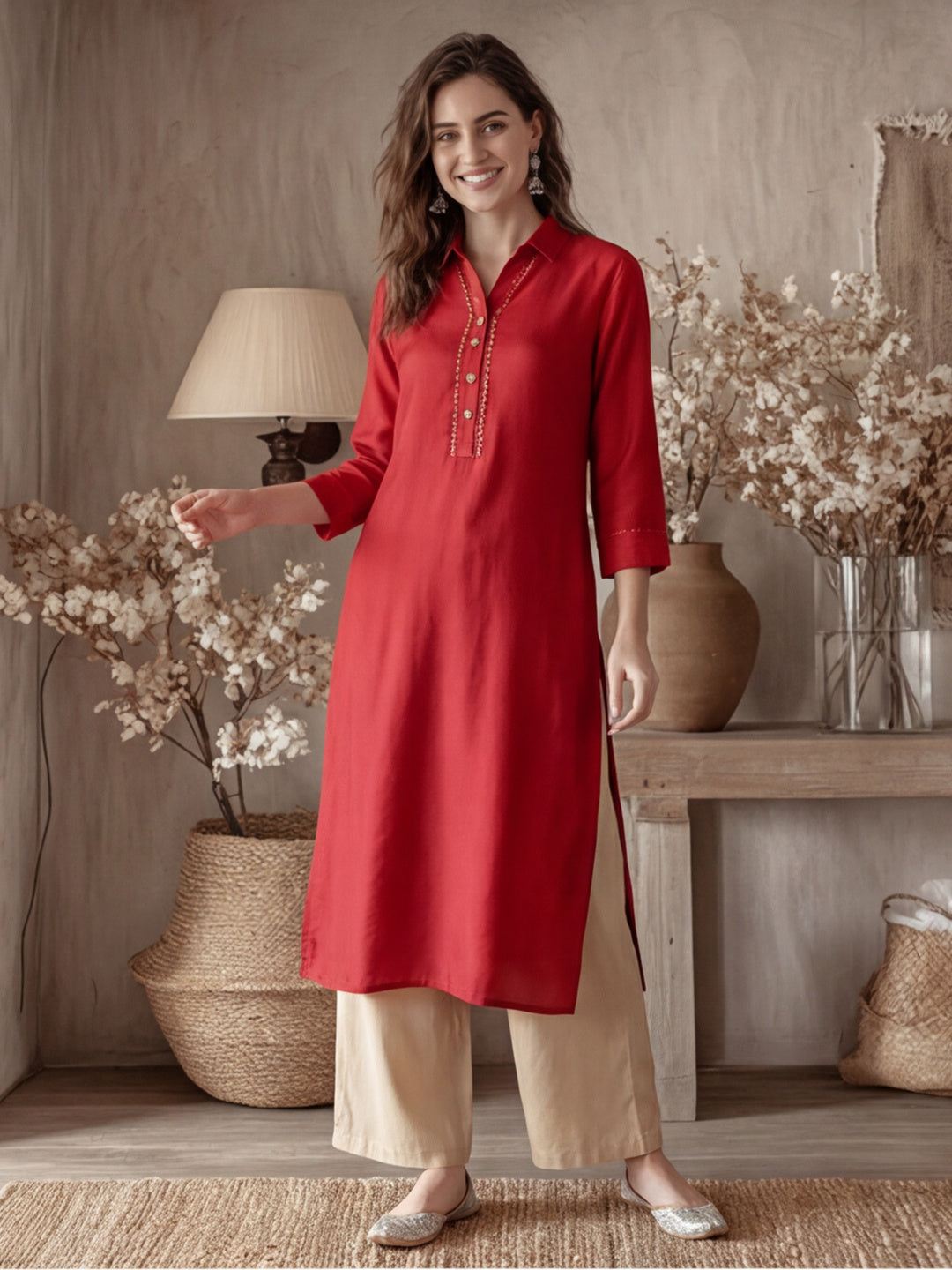 A Rust Silk Fabric Embellished Shirt With Roll-Up Elbow Sleeves