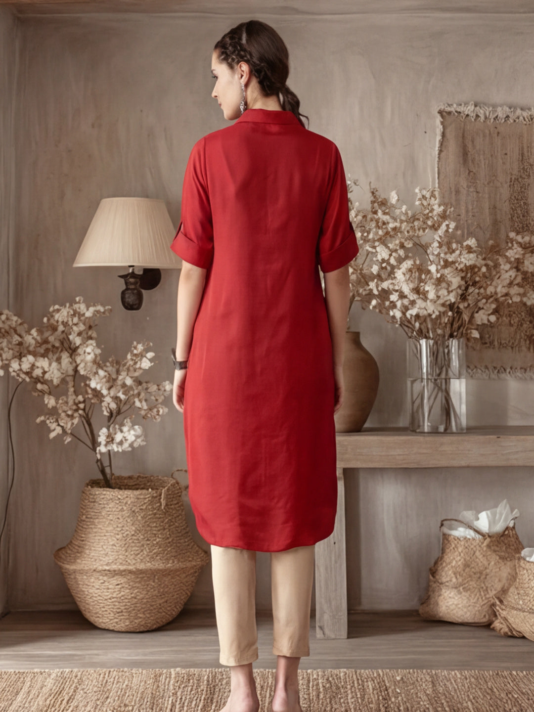 A Rust Silk Fabric Embellished Shirt With Roll-Up Elbow Sleeves