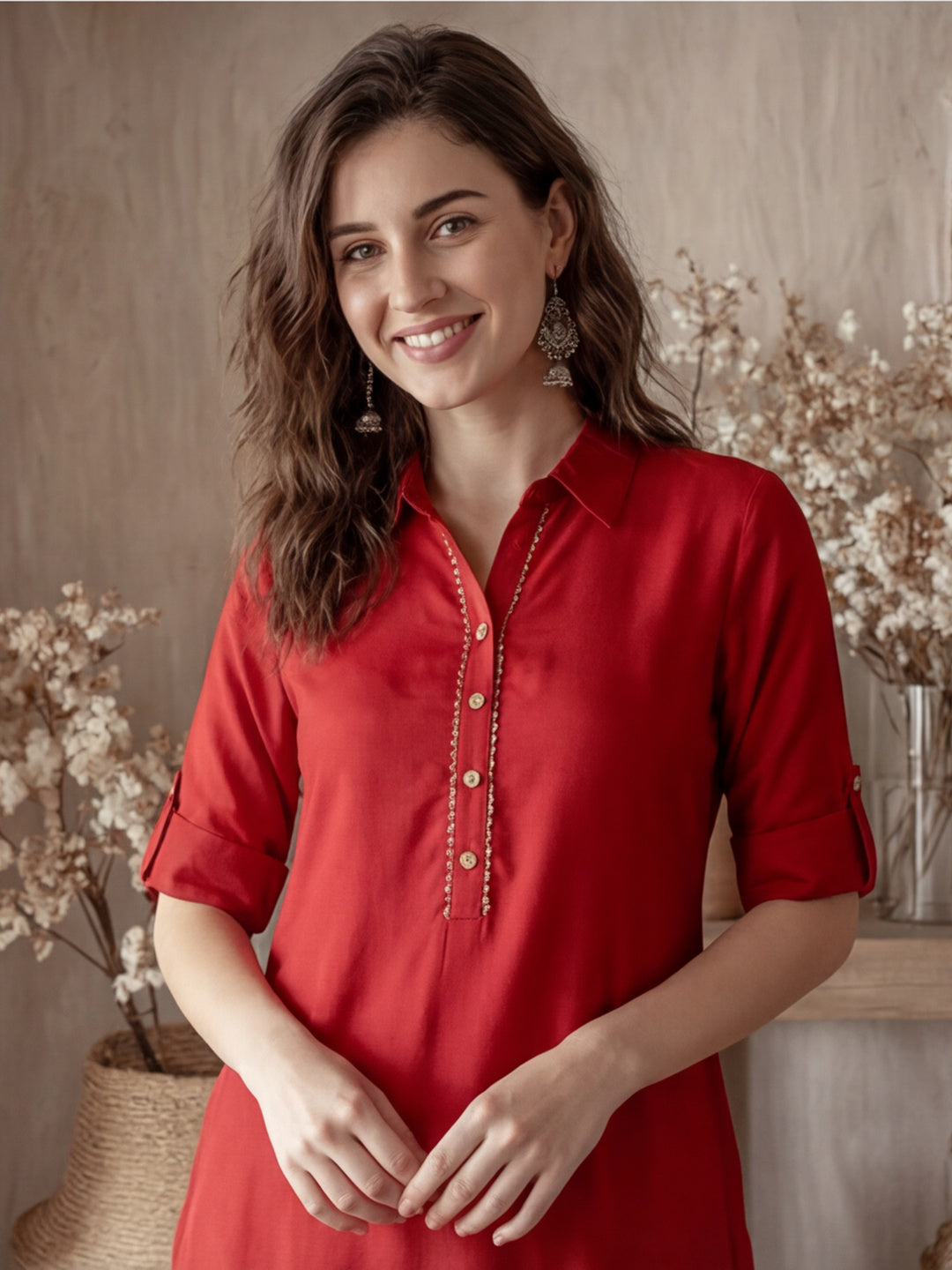 A Rust Silk Fabric Embellished Shirt With Roll-Up Elbow Sleeves