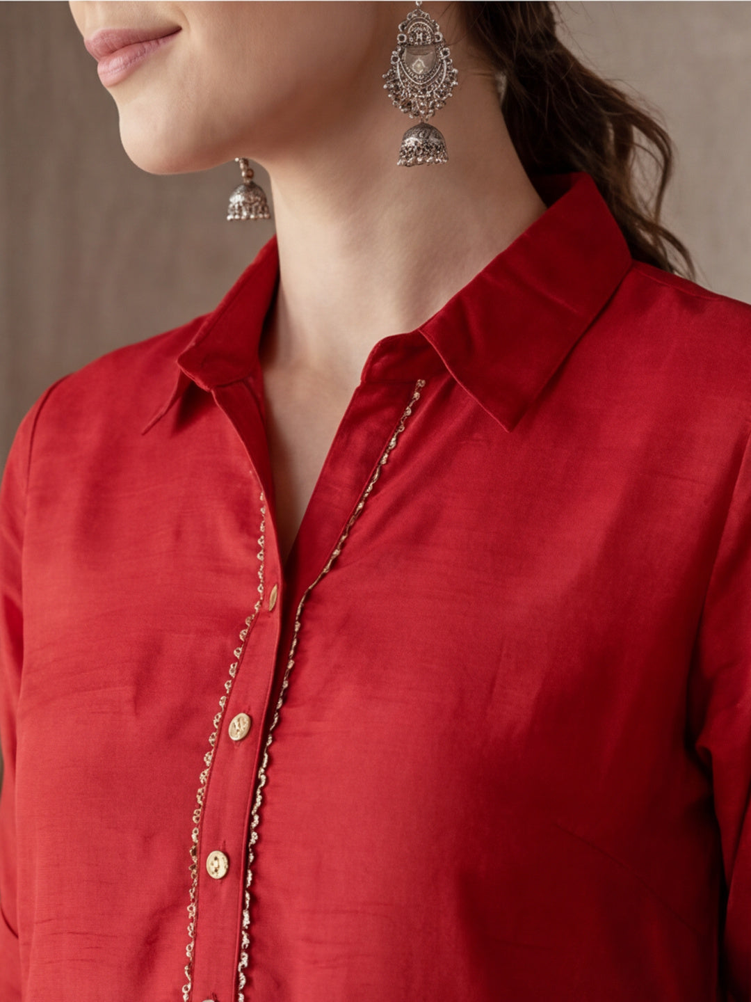 A Rust Silk Fabric Embellished Shirt With Roll-Up Elbow Sleeves
