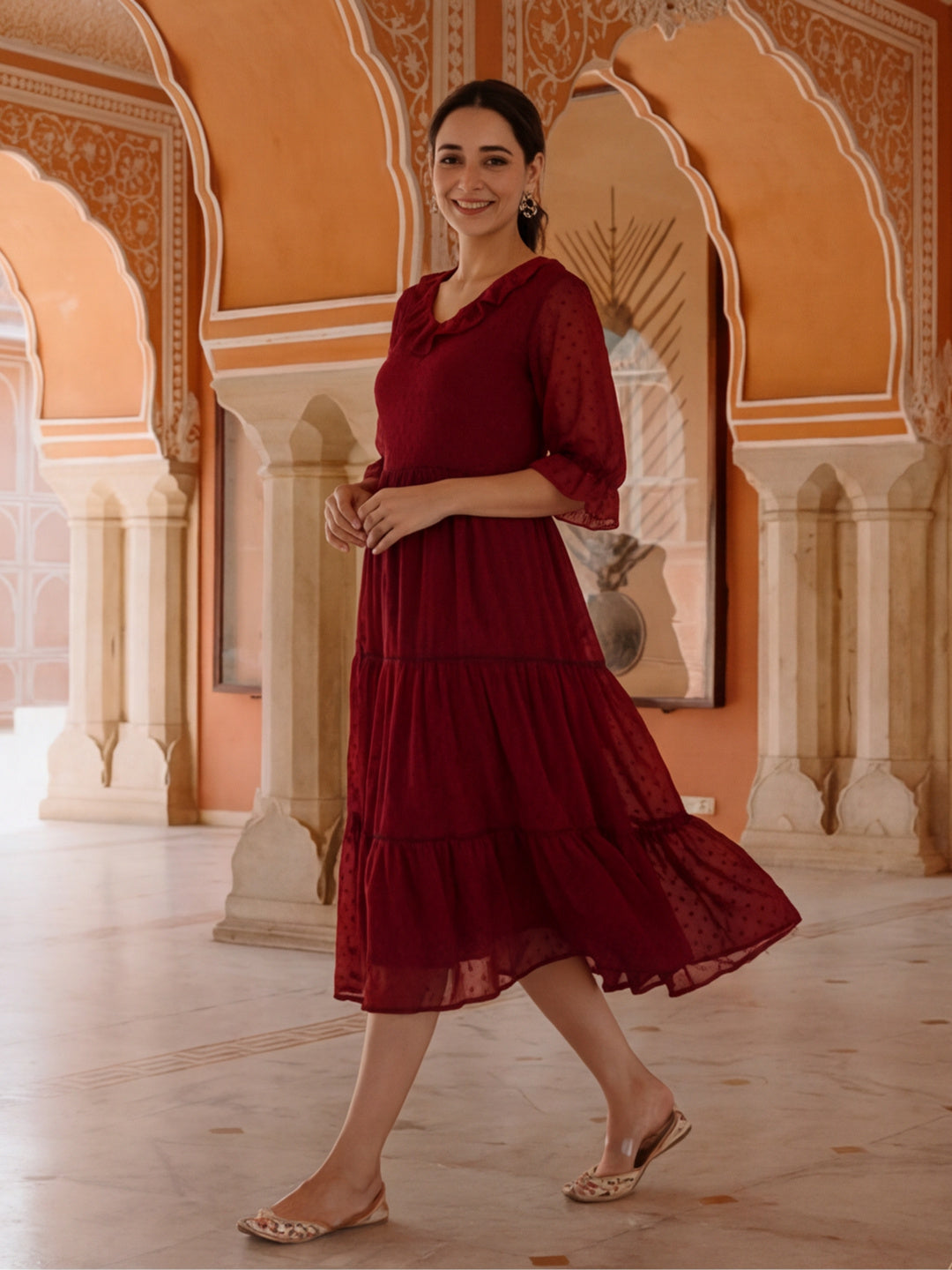 Red Color Polka Self Weave Georgette Tiered Lace Inserted Dress