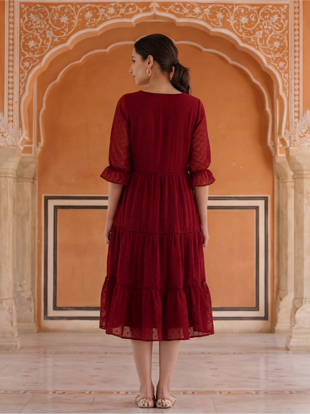 Red Color Polka Self Weave Georgette Tiered Lace Inserted Dress