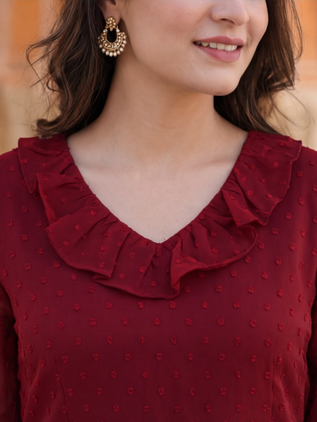 Red Color Polka Self Weave Georgette Tiered Lace Inserted Dress
