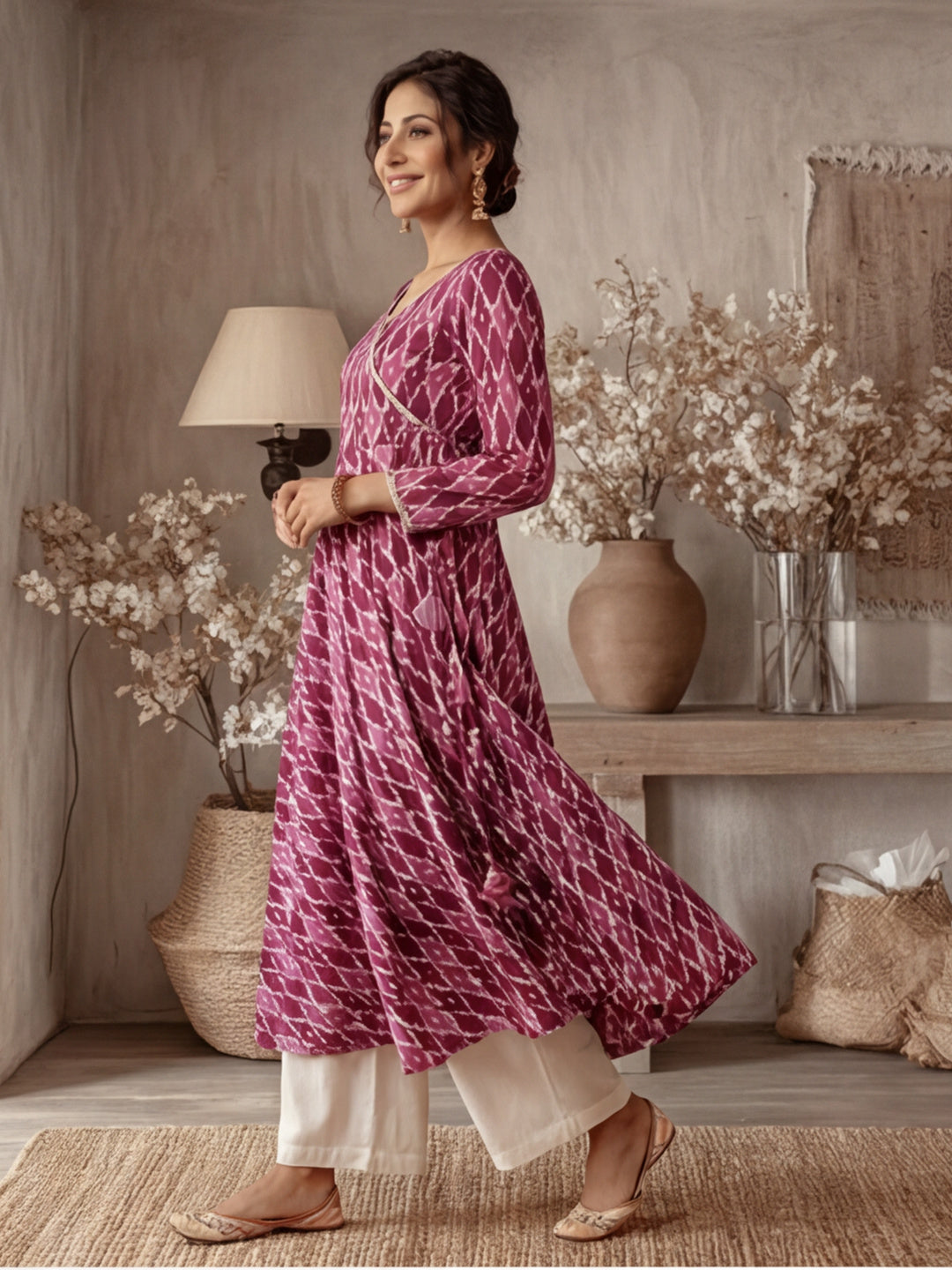 Purple Ikat Printed Angrakha Kurta