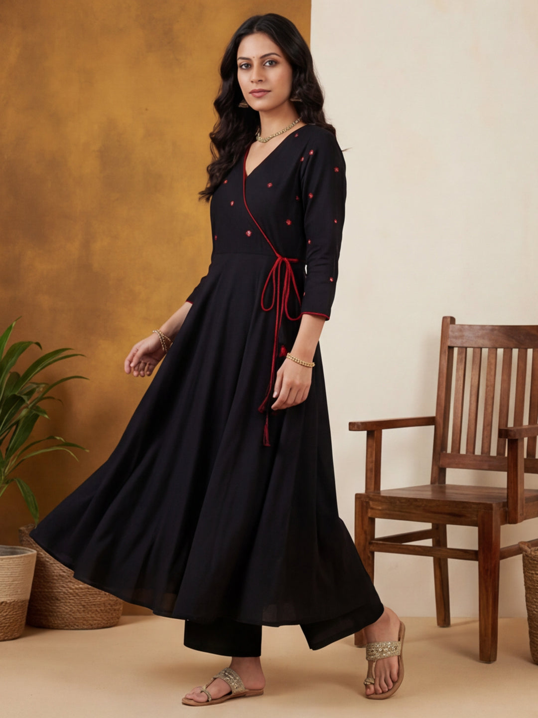Solid Embroidered Flared Kurta & Trousers Sets