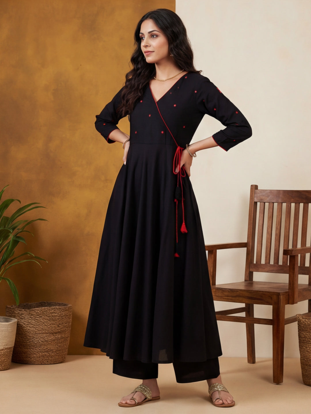 Solid Embroidered Flared Kurta & Trousers Sets