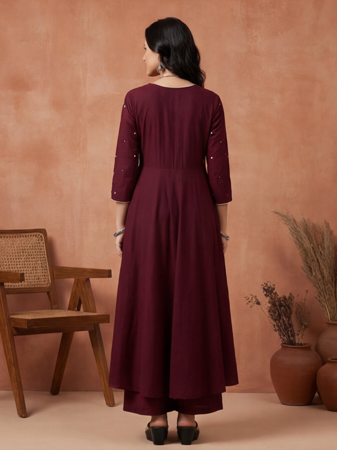 Solid Embroidered Flared Kurta & Trousers Sets