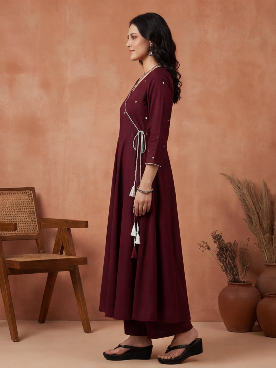 Solid Embroidered Flared Kurta & Trousers Sets
