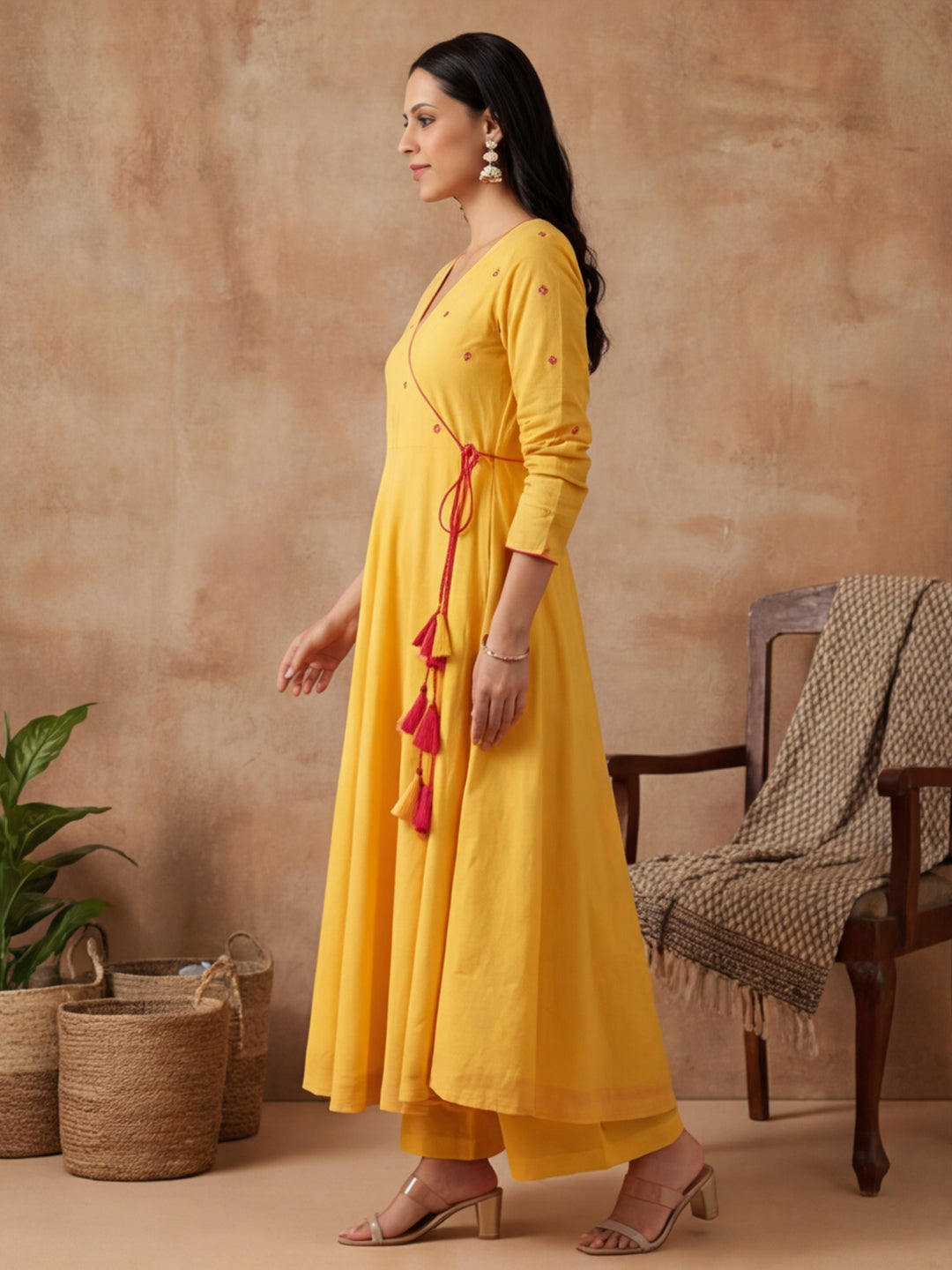 Solid Embroidered Flared Kurta & Trousers Sets