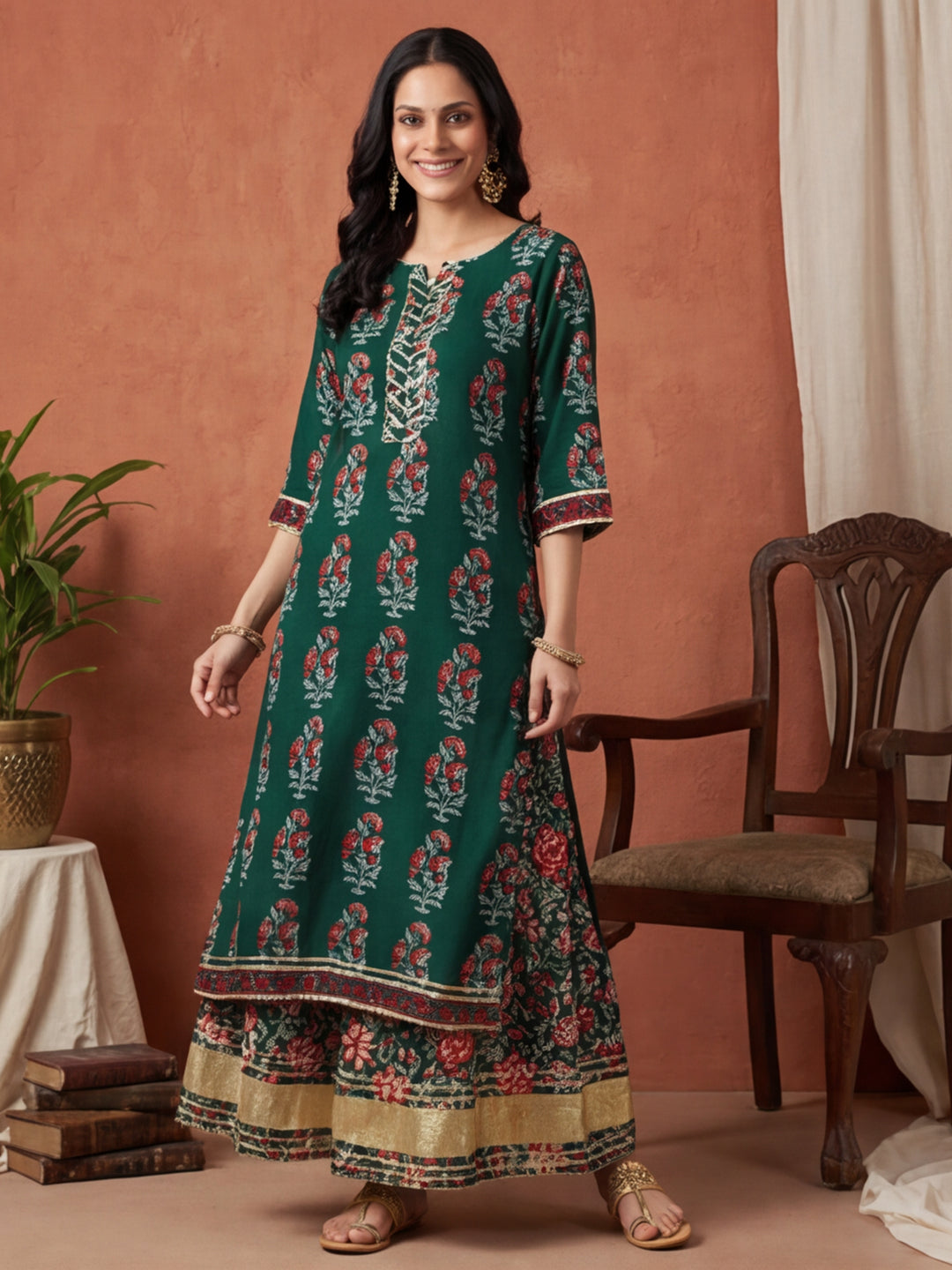 Floral Embroidered Straight Kurta & Skirt Sets