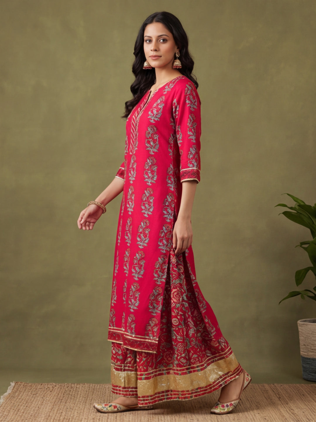 Floral Embroidered Straight Kurta & Skirt Sets