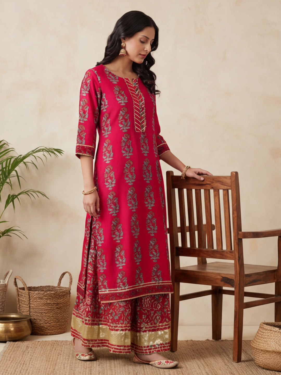 Floral Embroidered Straight Kurta & Skirt Sets