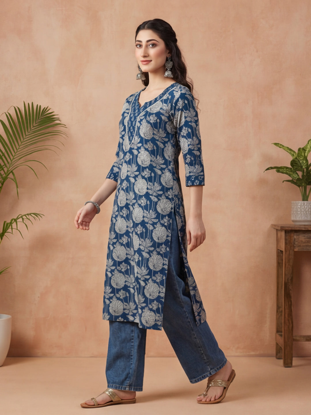 Floral Embroidered Straight Pure Cotton Kurta