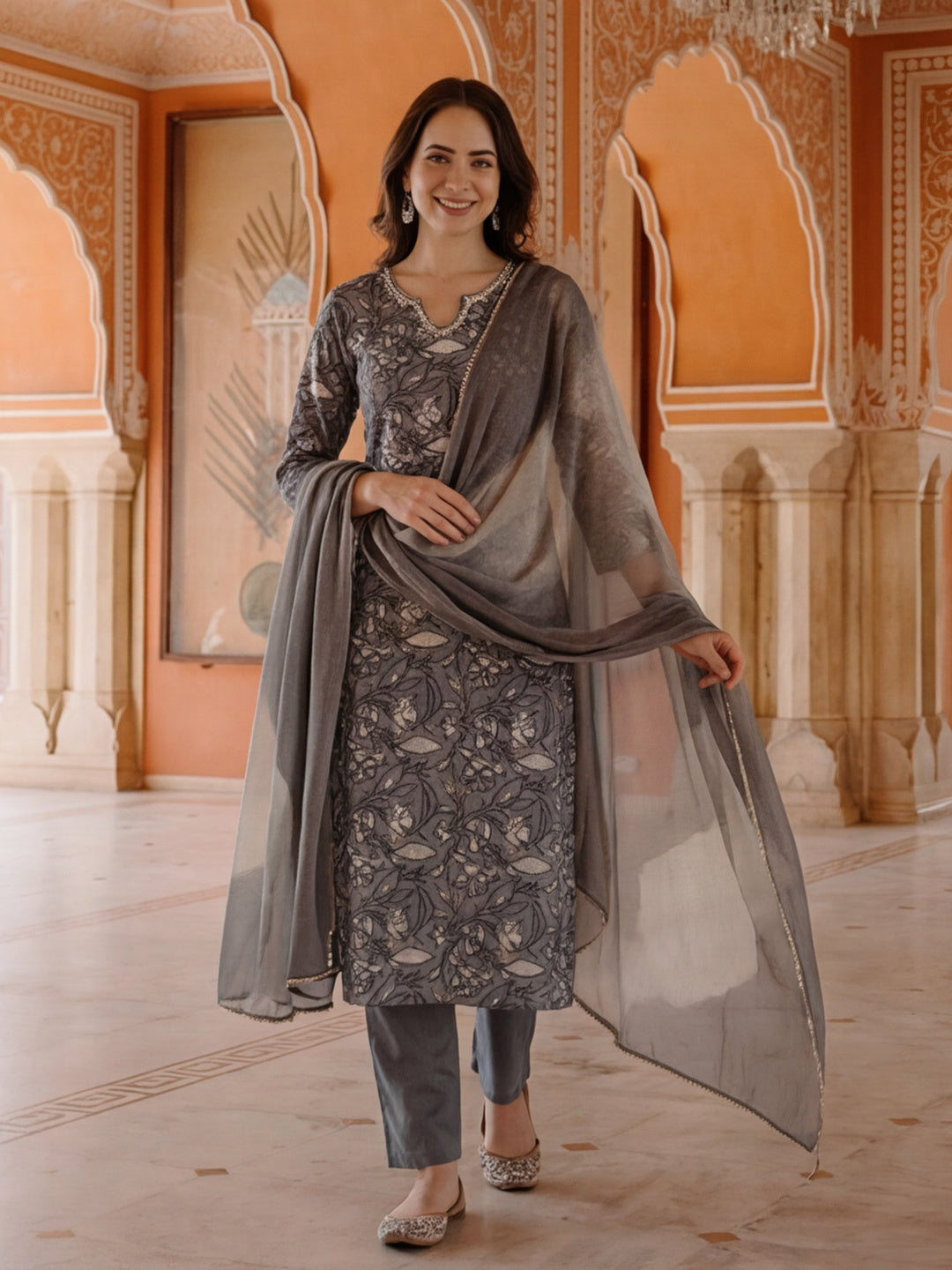 Ethnic Printed Kurta Set With Tie-Dye Dupatta