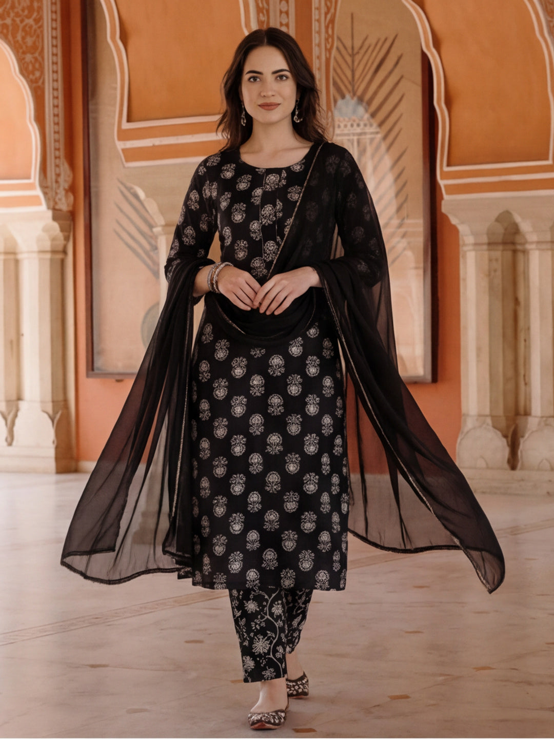 Ethnic Printed Cotton Black Kurta Set With Dupatta