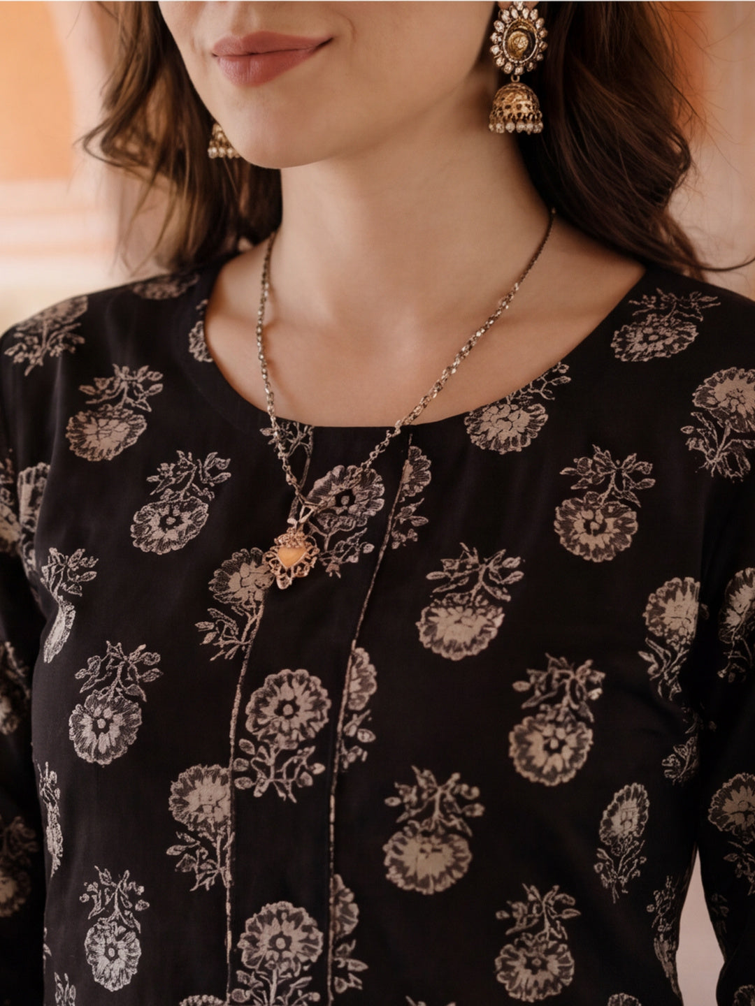 Ethnic Printed Cotton Black Kurta Set With Dupatta