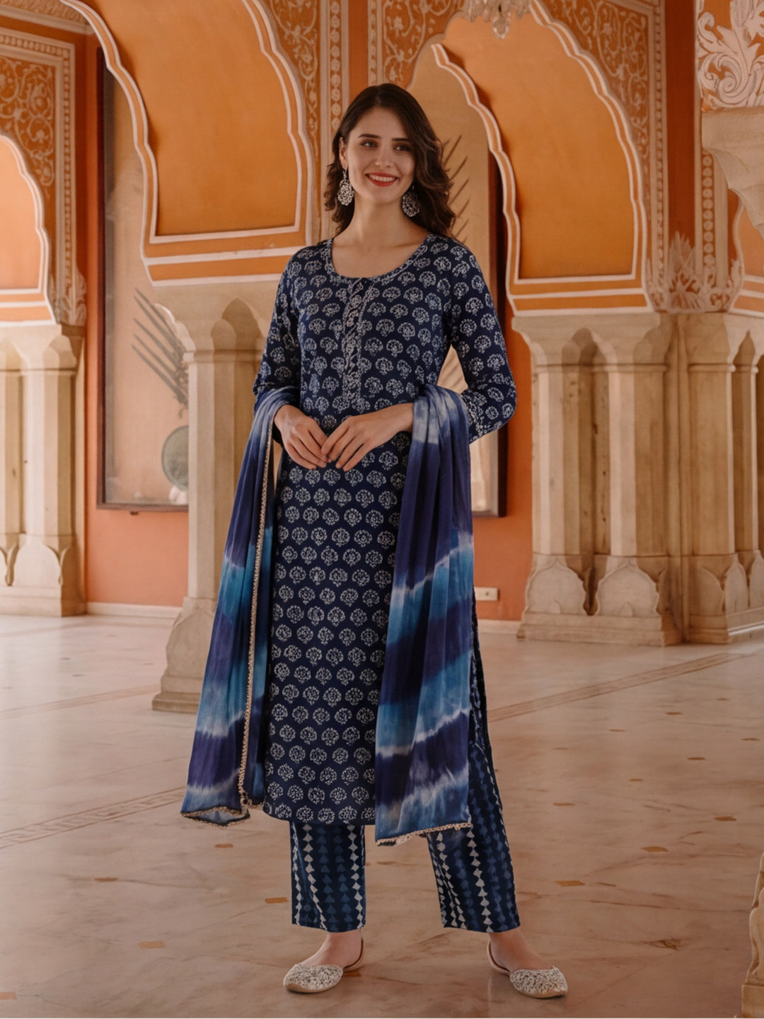 Floral Printed Thread Work Pure Cotton Kurta With Pant & Chiffon Dupatta
