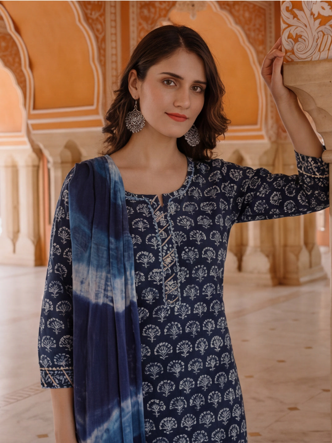 Floral Printed Thread Work Pure Cotton Kurta With Pant & Chiffon Dupatta