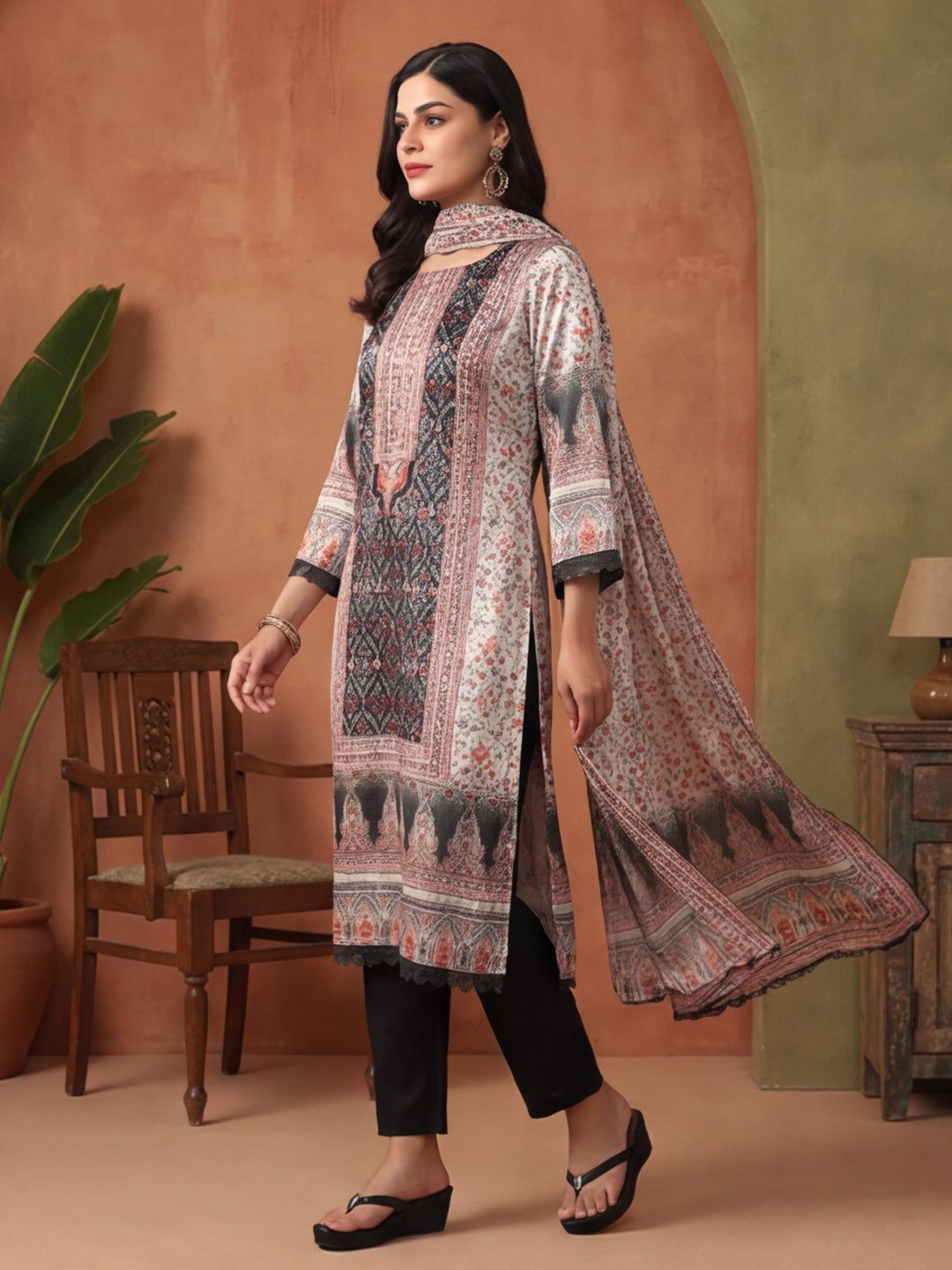 Floral Embroidered Straight Kurta & Trousers Sets
