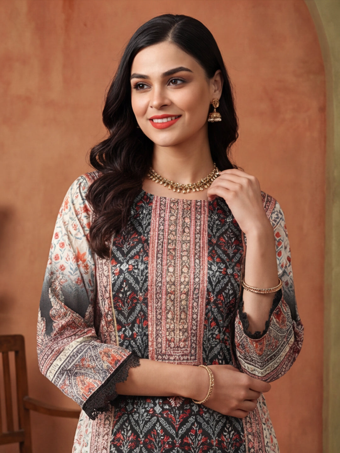 Floral Embroidered Straight Kurta & Trousers Sets