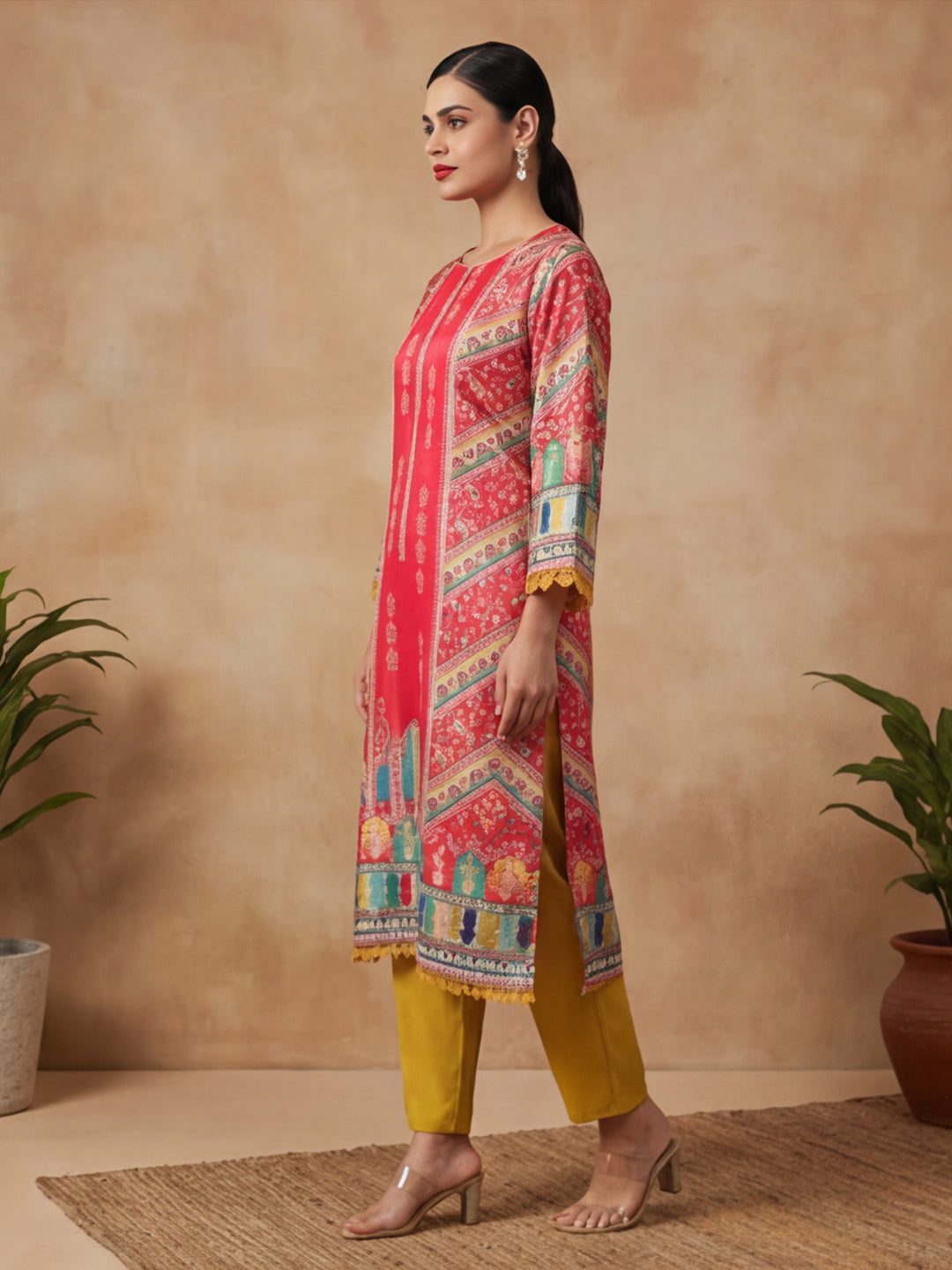 Floral Embroidered Straight Kurta & Trousers Sets