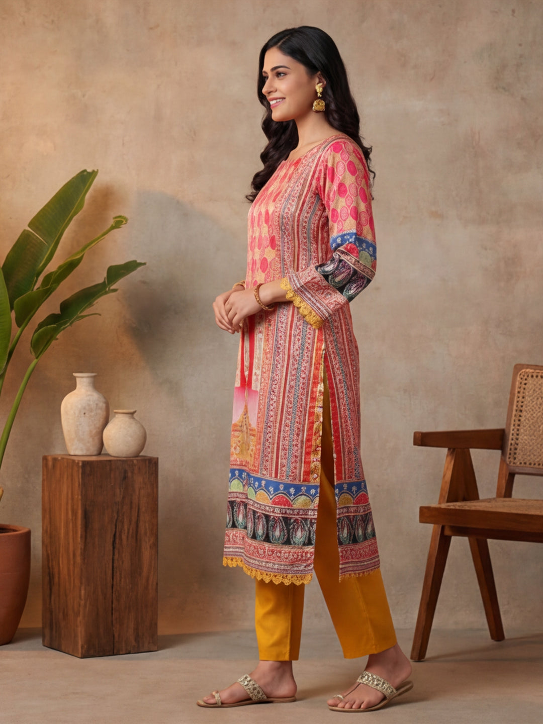 Floral Embroidered Straight Kurta & Trousers Sets
