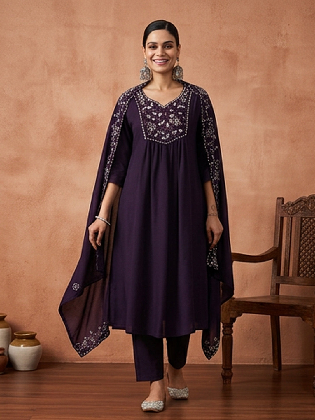 Floral Embroidered Flared Kurta & Trousers Sets