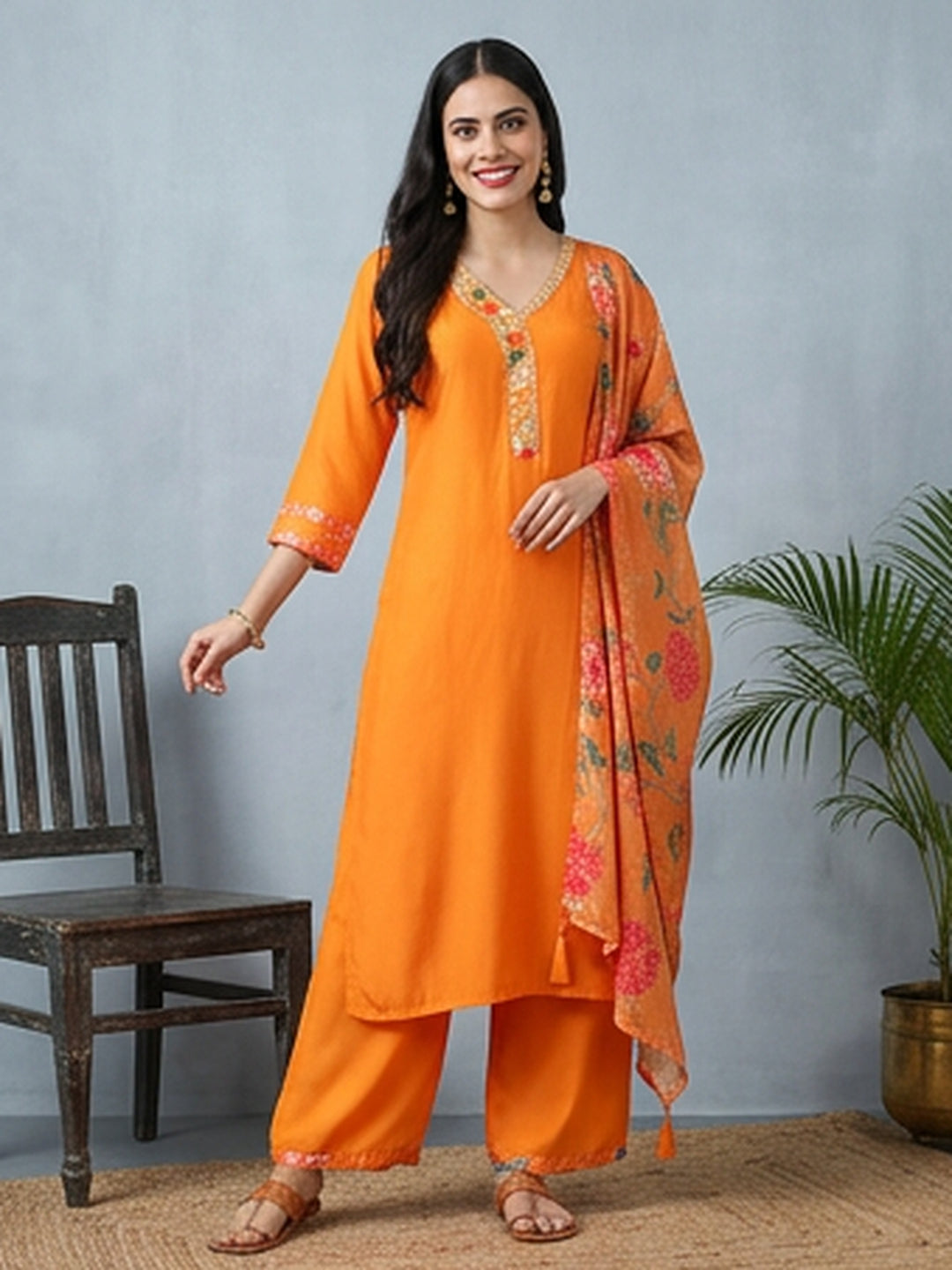 Floral Embroidered Straight Kurta & Trousers Sets