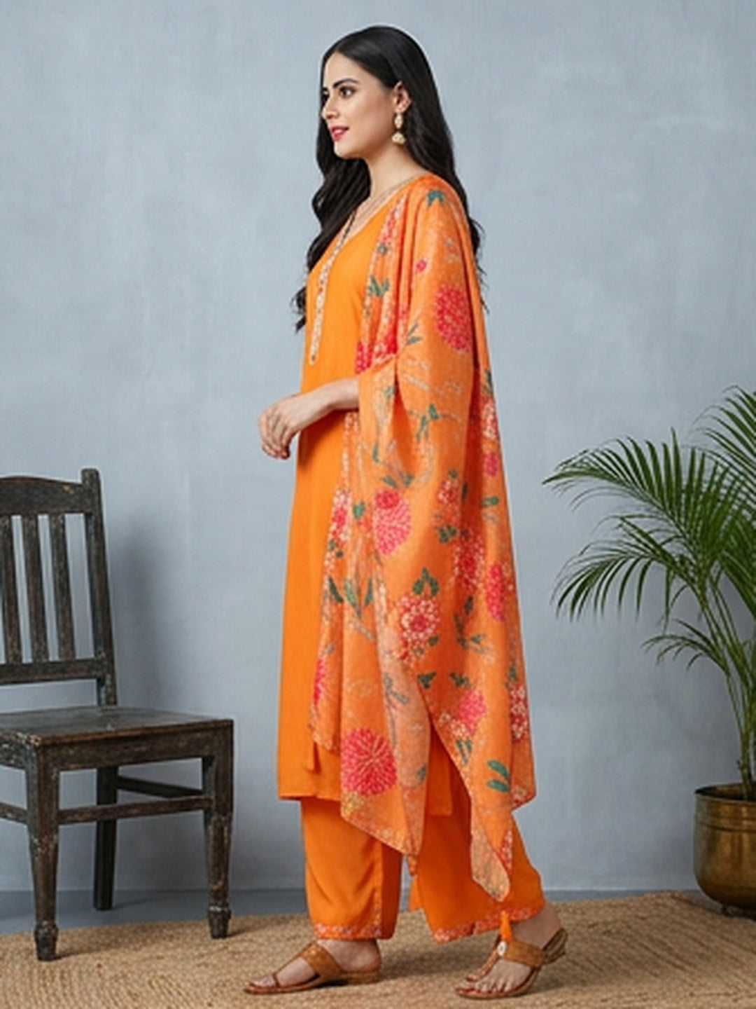 Floral Embroidered Straight Kurta & Trousers Sets