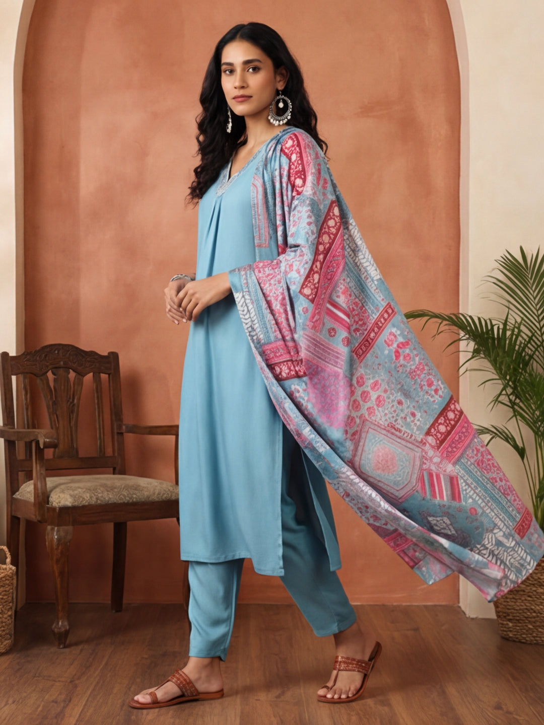 Solid Embroidered Straight Kurta & Trousers Sets