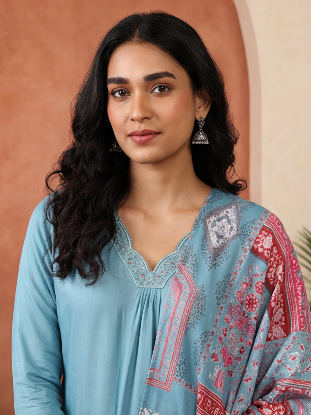 Solid Embroidered Straight Kurta & Trousers Sets