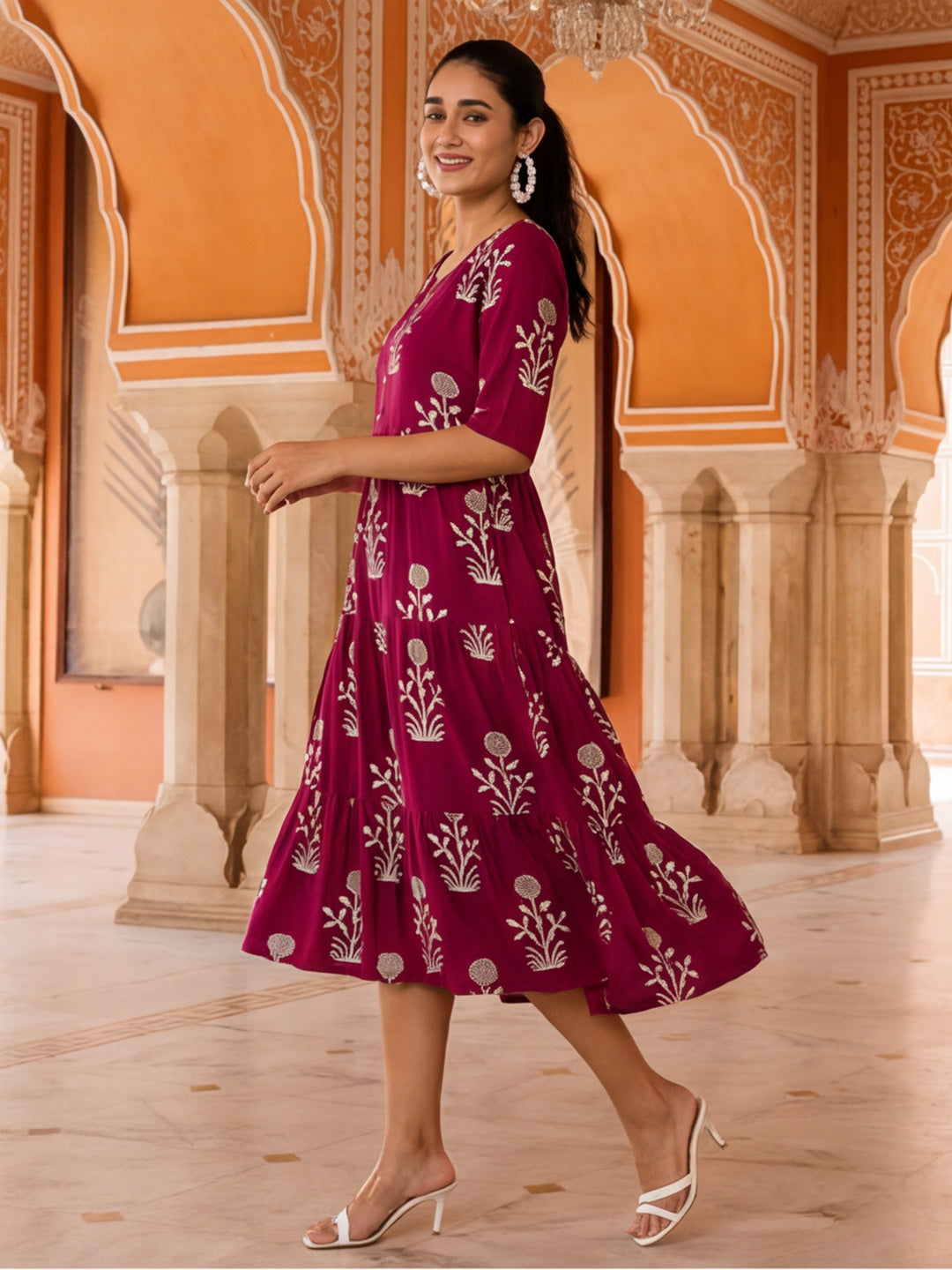Floral Printed A-Line Tiered Ethnic Dress