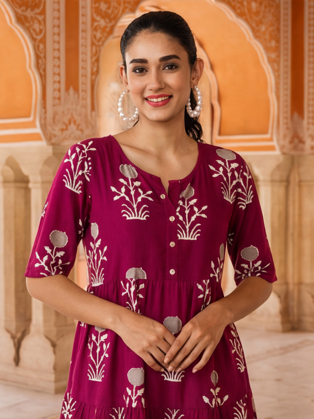Floral Printed A-Line Tiered Ethnic Dress