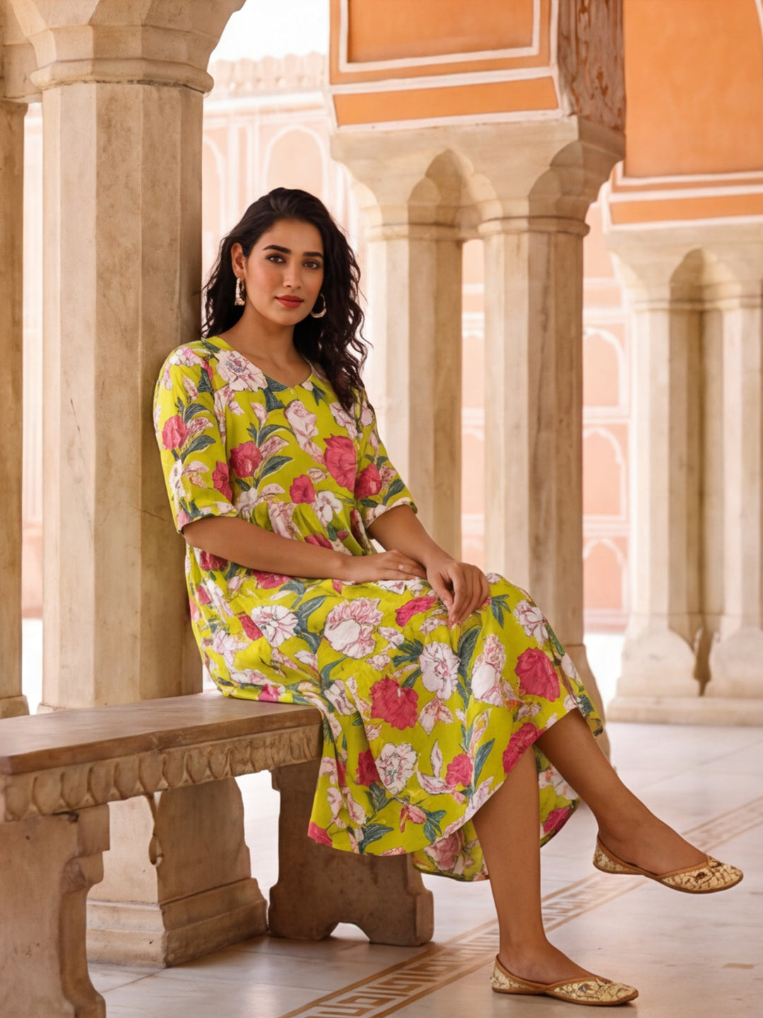 Floral Printed A-Line Tiered Ethnic Dress