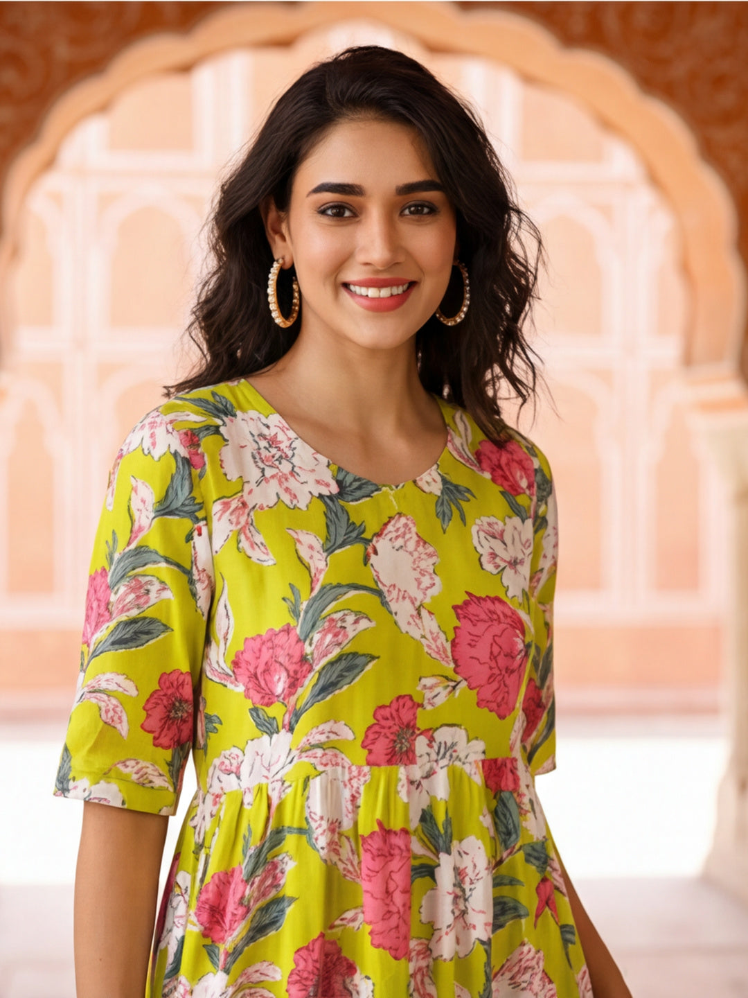 Floral Printed A-Line Tiered Ethnic Dress