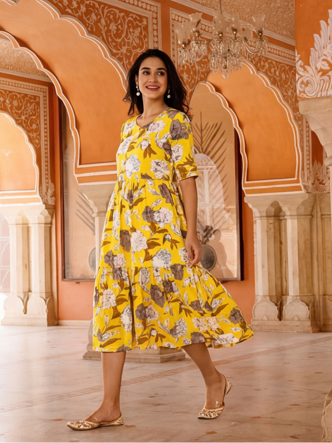 Floral Printed A-Line Tiered Ethnic Dress
