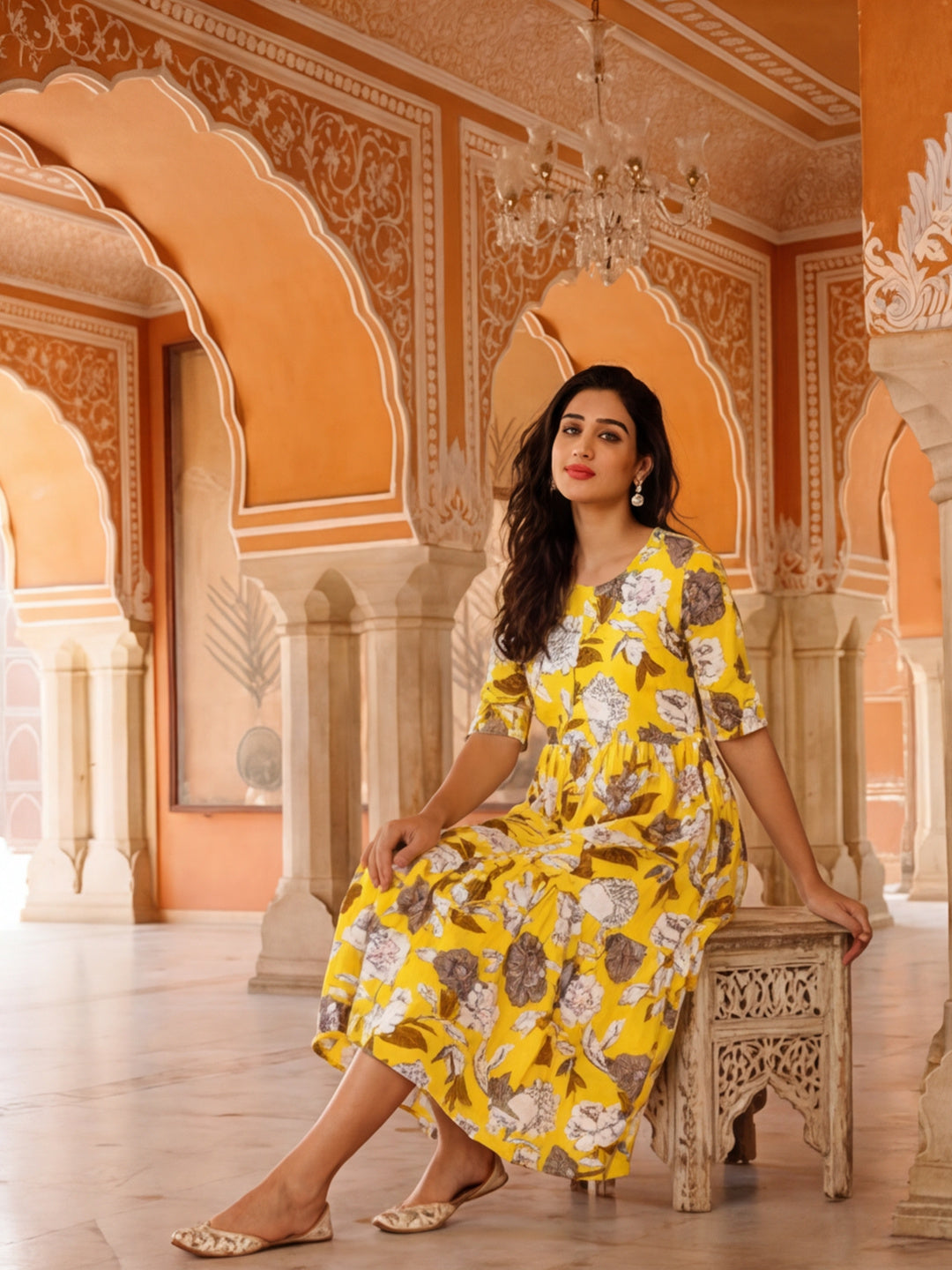 Floral Printed A-Line Tiered Ethnic Dress