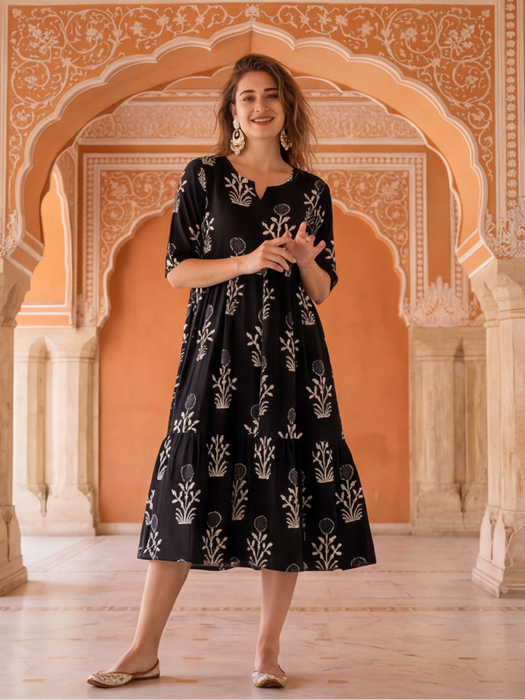 ethnic a line dress Floral Printed A-Line Tiered | Ethnic Dresses For Women Honeymoon Outfits Y2K Jessica McClintock Gunne Color:CHOCOLATE BROWN wears size S