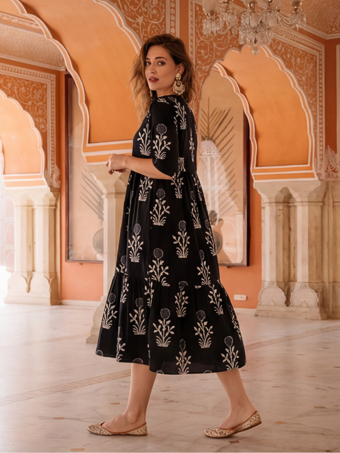 Floral Printed A-Line Tiered Ethnic Dress